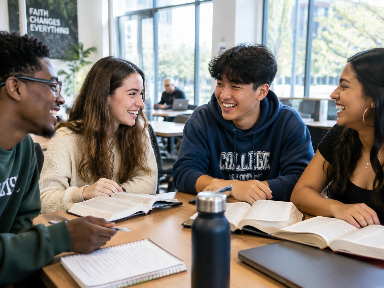Students studying the Bible together on campus